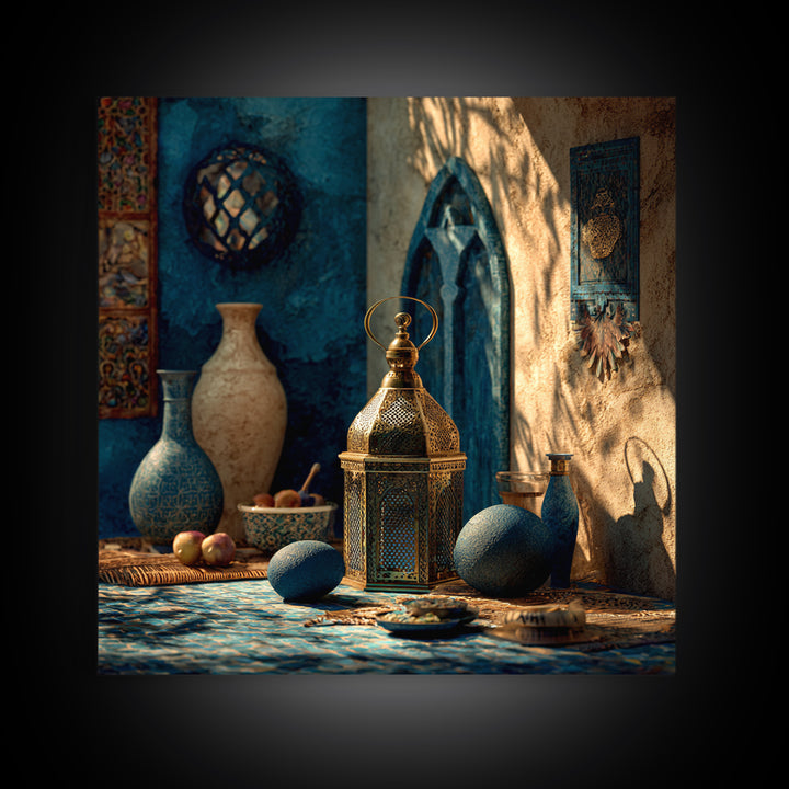 Brass Lantern Still Life Casting Lace Shadows Framed Canvas Print, Moroccan Art, Living Room Decor, Abstract Art, Marrakesh, MOR-1x1-57