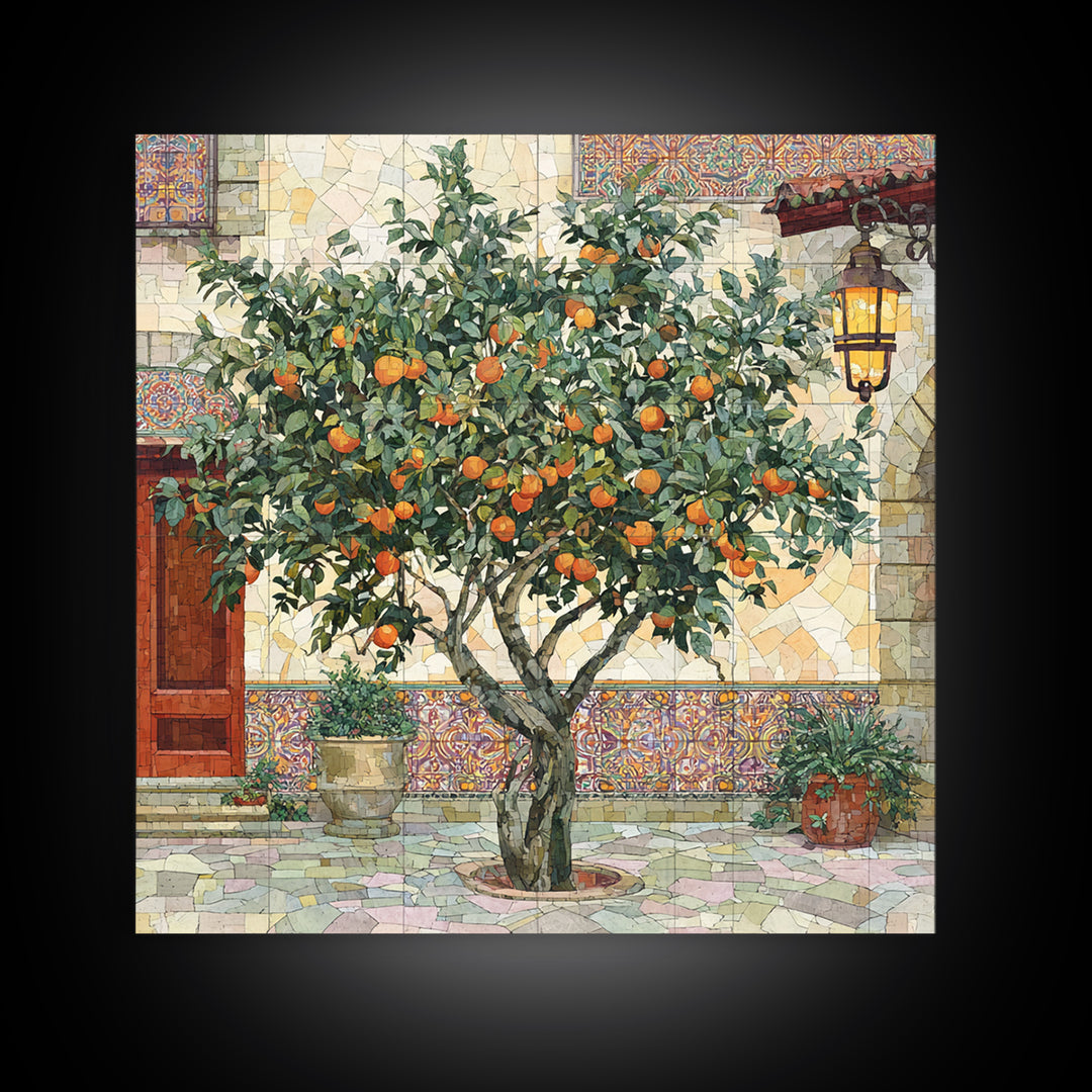 Orange Tree in Tiled Courtyard Framed Canvas Print, Moroccan Art, Contemporary Art, Living Room Decor, Oil Painting, Marrakesh, MOR-1x1-61