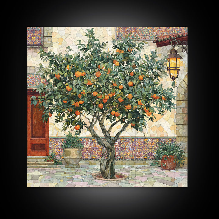 Orange Tree in Tiled Courtyard Framed Canvas Print, Moroccan Art, Contemporary Art, Living Room Decor, Oil Painting, Marrakesh, MOR-1x1-61