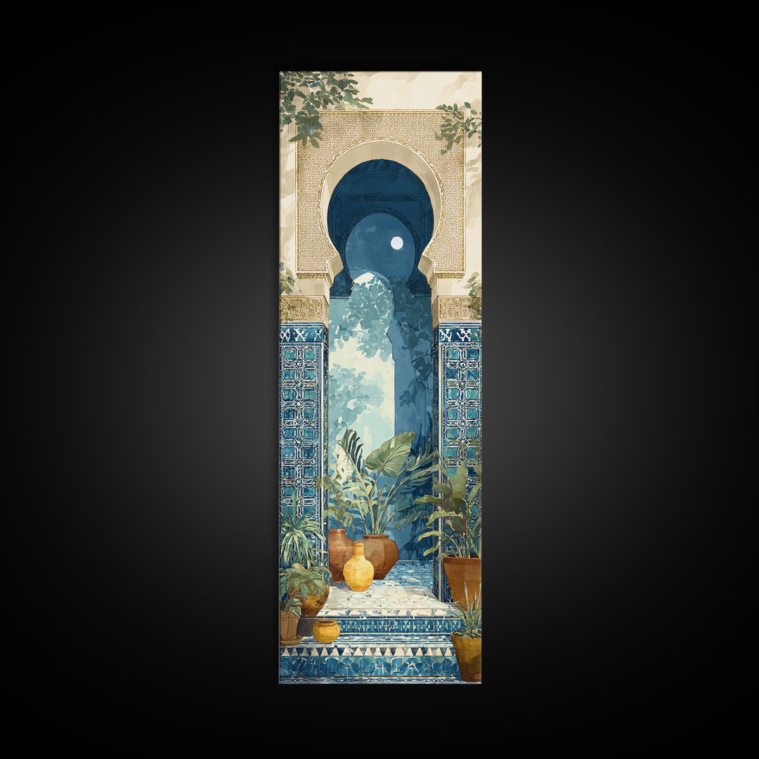 Moroccan Arch Framing a Moonlit Sky Framed Canvas Print, Moroccan Art, Printable, Living Room Decor, Fine Art, Marrakesh, MOR-1x3-4