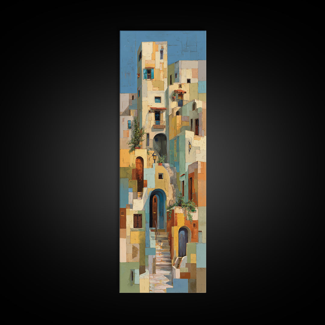 Blue City Alley Rendered as Painterly Shapes Canvas Print, Moroccan Art, Digital Art, Living Room Decor, Abstract Art, MOR-1x3-90