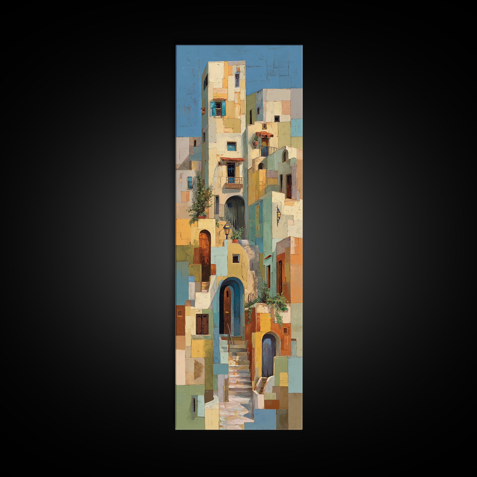 Blue City Alley Rendered as Painterly Shapes Canvas Print, Moroccan Art, Digital Art, Living Room Decor, Abstract Art, MOR-1x3-90