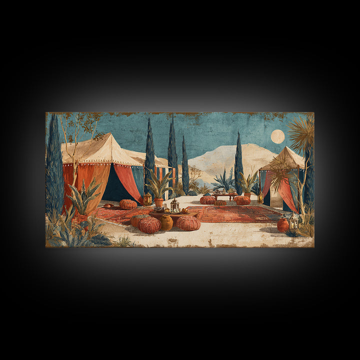 Desert Tent with Woven Rugs and Lanterns Framed Canvas Print, Moroccan Art, Art Prints, Living Room Decor, Fine Art, Marrakesh, MOR-2x1-10