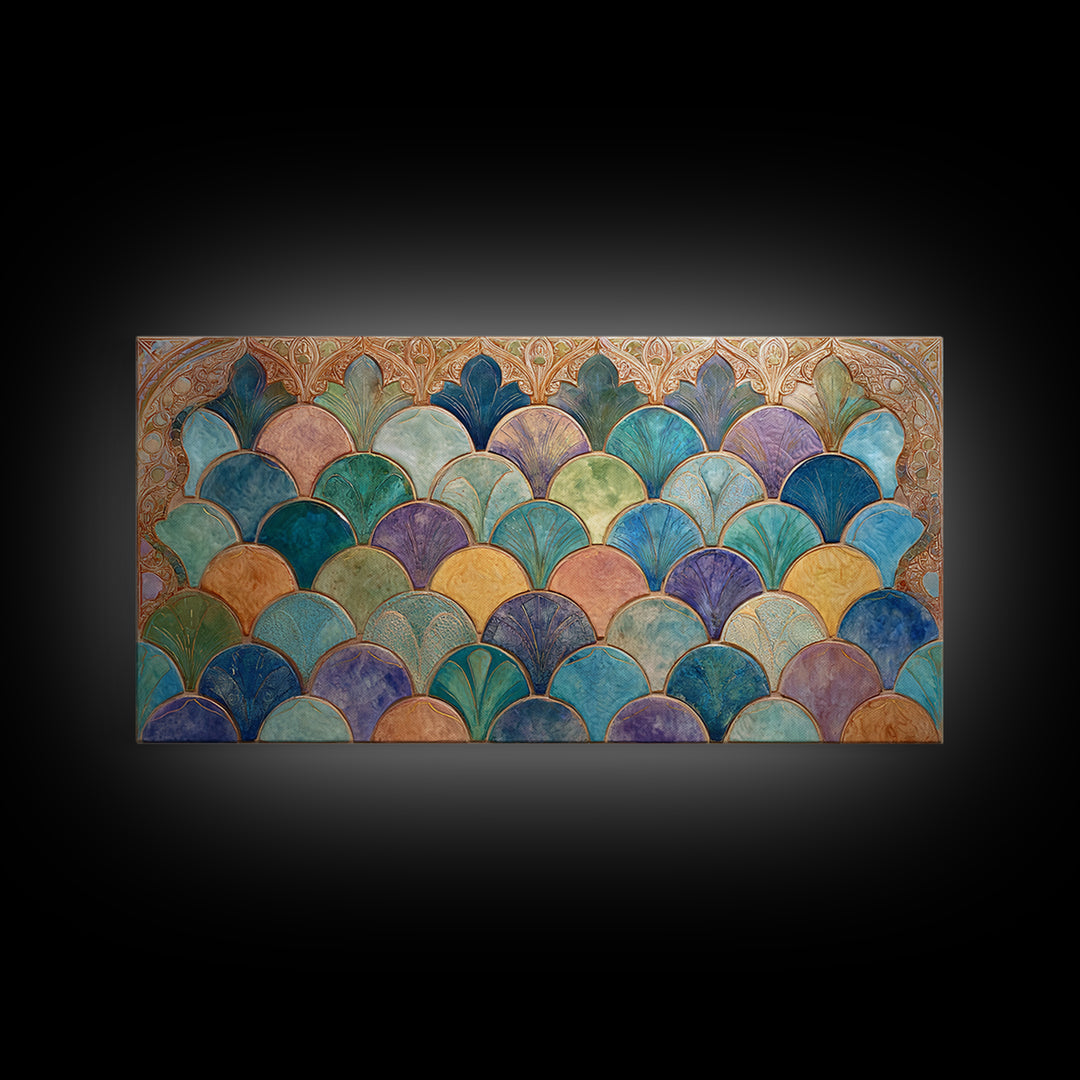 Turquoise Tile Fish Scale Pattern Canvas Print, Moroccan Art, Wall Art Print, Living Room Decor, Fine Art, Marrakesh, MOR-2x1-17
