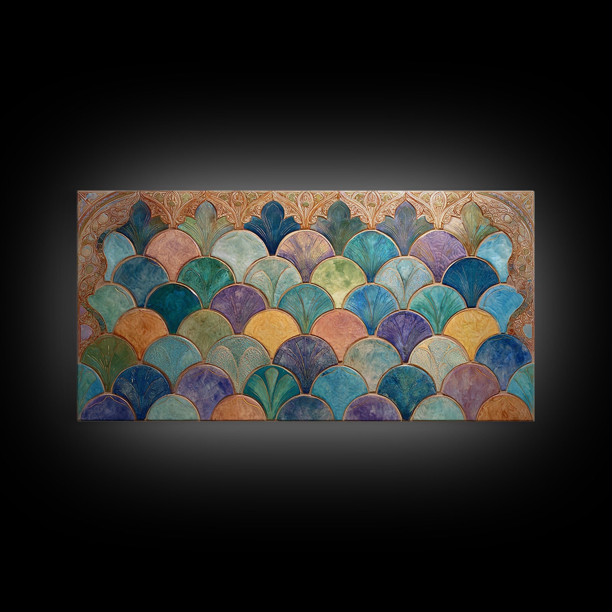 Turquoise Tile Fish Scale Pattern Canvas Print, Moroccan Art, Wall Art Print, Living Room Decor, Fine Art, Marrakesh, MOR-2x1-17