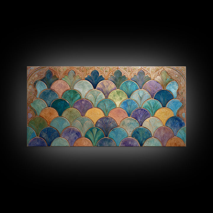 Turquoise Tile Fish Scale Pattern Canvas Print, Moroccan Art, Wall Art Print, Living Room Decor, Fine Art, Marrakesh, MOR-2x1-17