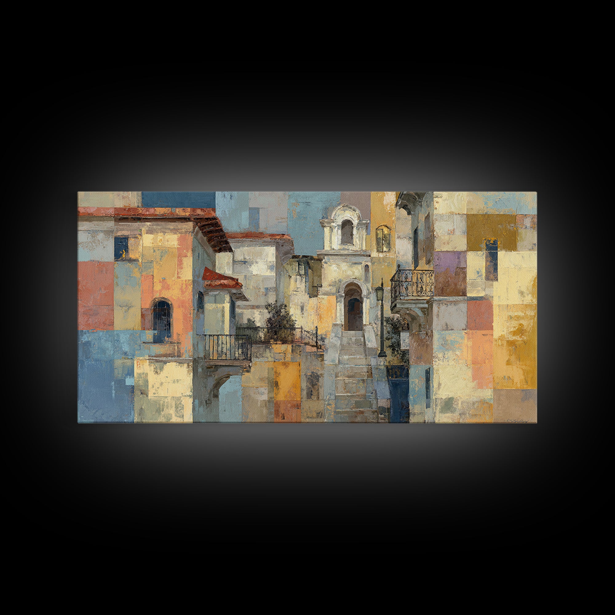 Blue City Alley Rendered as Painterly Shapes Canvas Print, Moroccan Art, Art, Living Room Decor, Fine Art, Marrakesh, MOR-2x1-2
