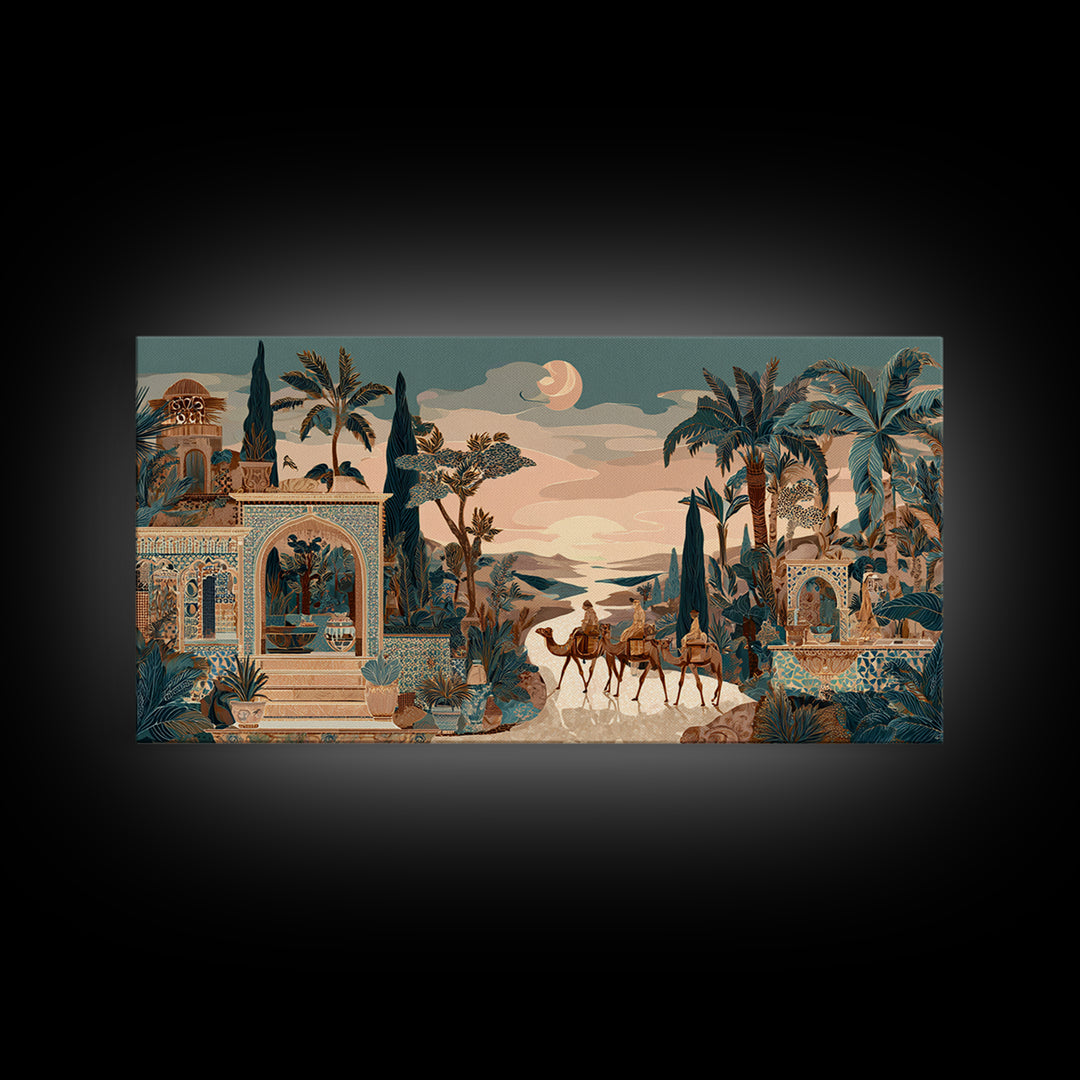 Desert Camel Caravan Framed Canvas Print, Moroccan Art, Boho Wall Art, Living Room Decor, Fine Art, Marrakesh, Map Wall Art, MOR-2x1-23