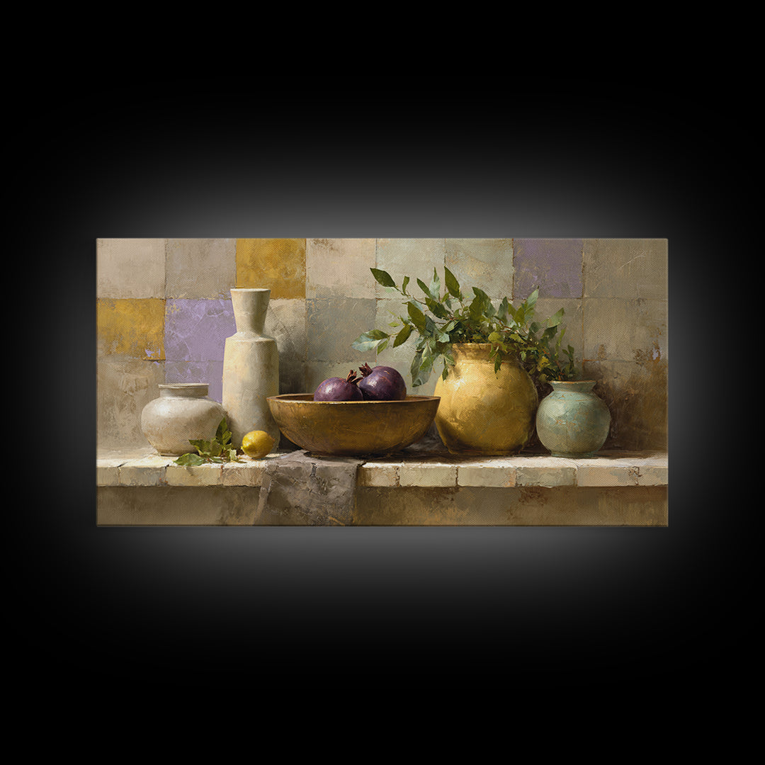 Pomegranate and Brass Bowl Still Life Framed Canvas Print, Moroccan Art, Wall Art, Living Room Decor, Fine Art, Marrakesh, MOR-2x1-42
