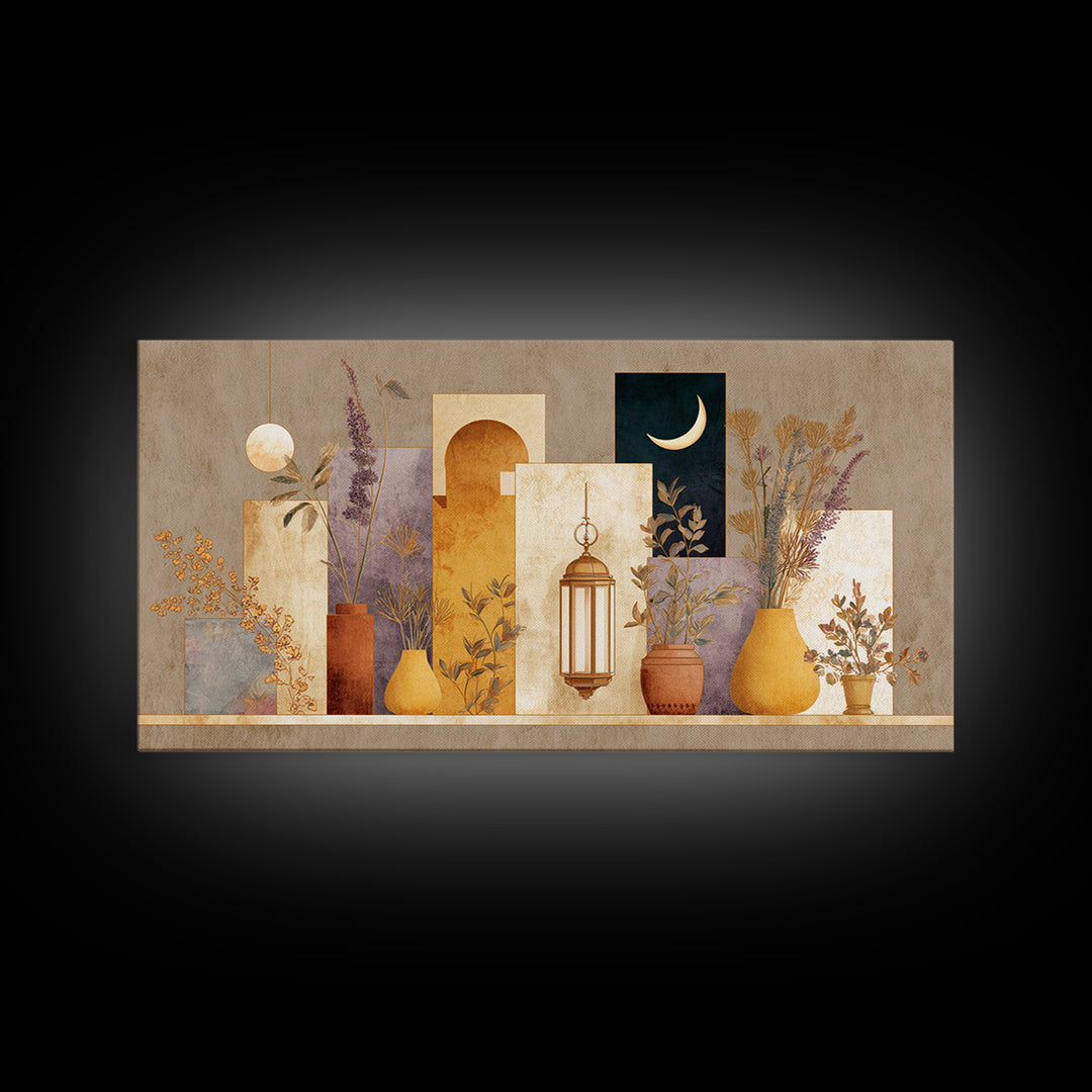 Camel Silhouette Beneath Crescent Moon Framed Canvas Print, Moroccan Art, African Art, Living Room Decor, Fine Art, Marrakesh, MOR-2x1-55