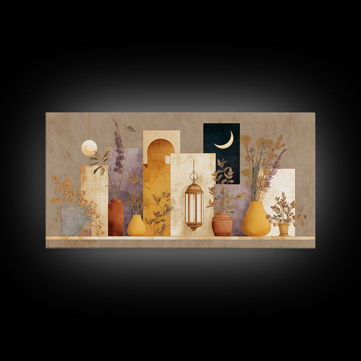 Camel Silhouette Beneath Crescent Moon Framed Canvas Print, Moroccan Art, African Art, Living Room Decor, Fine Art, Marrakesh, MOR-2x1-55