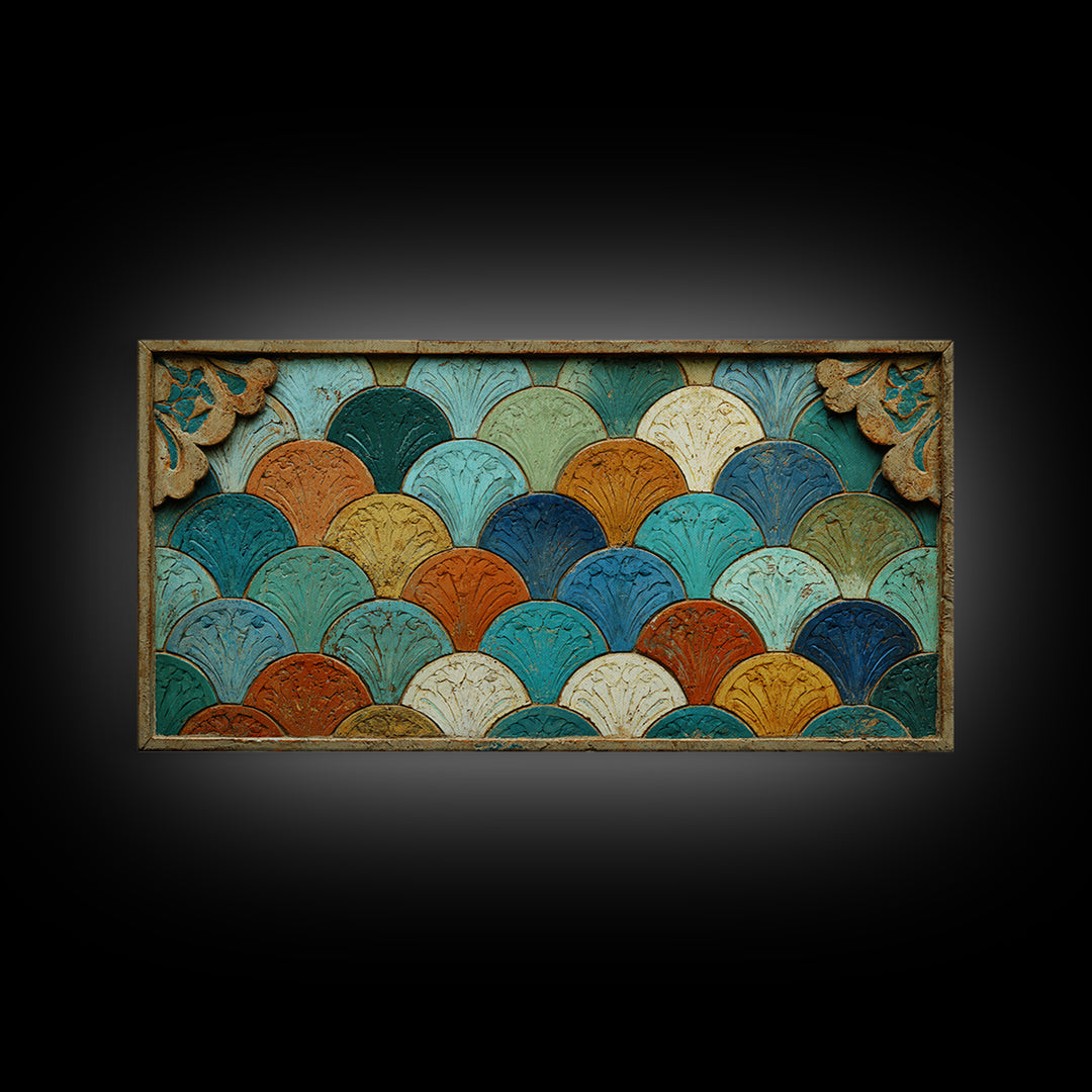 Turquoise Tile Fish Scale Pattern Framed Canvas Print, Moroccan Art, Living Room Rug, Living Room Decor, Abstract Art, MOR-2x1-65