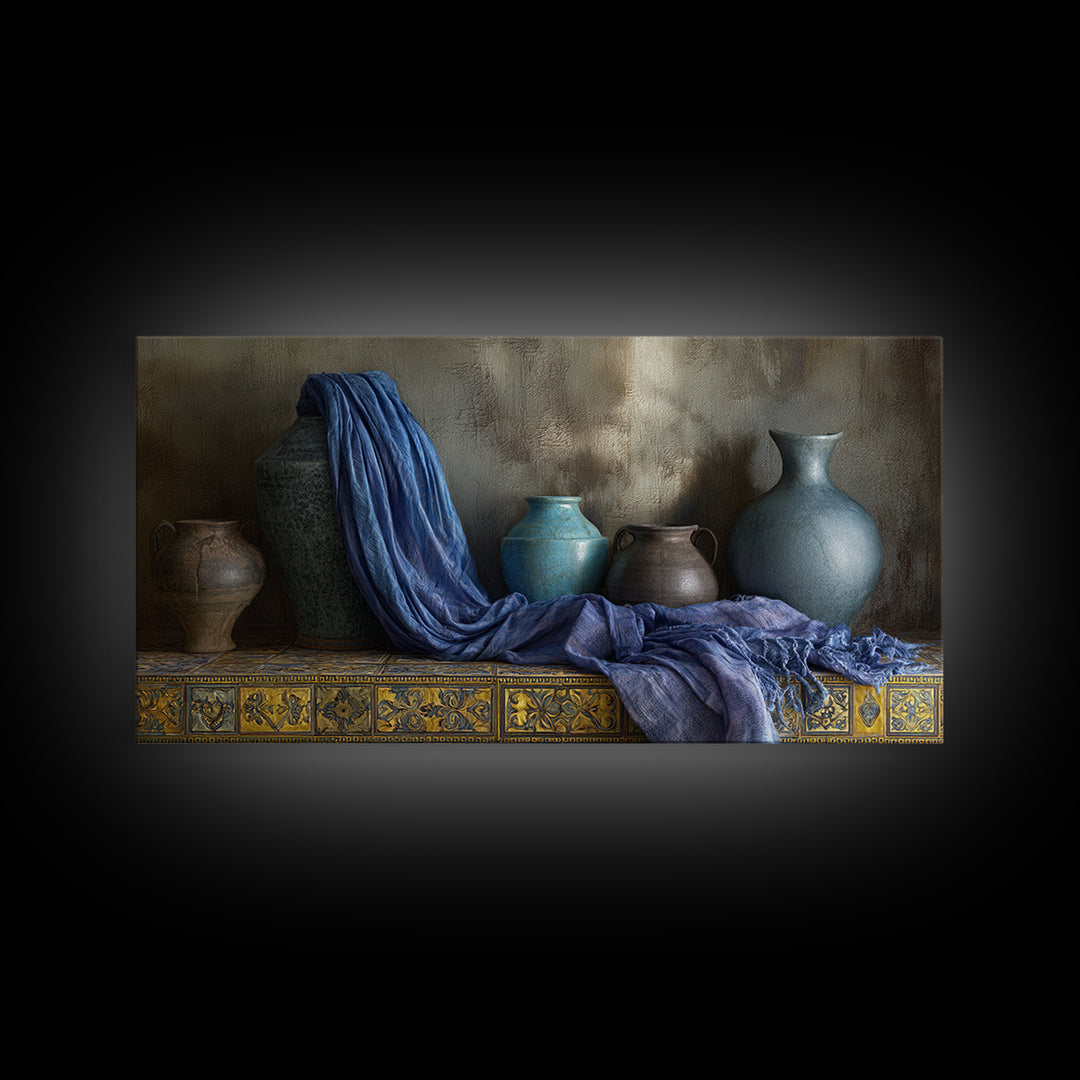 Tuareg Blue Scarf Portrait Framed Canvas Print, Moroccan Art, Living Room Decor, Marrakesh, Travel Poster, Map Wall Art, MOR-2x1-86