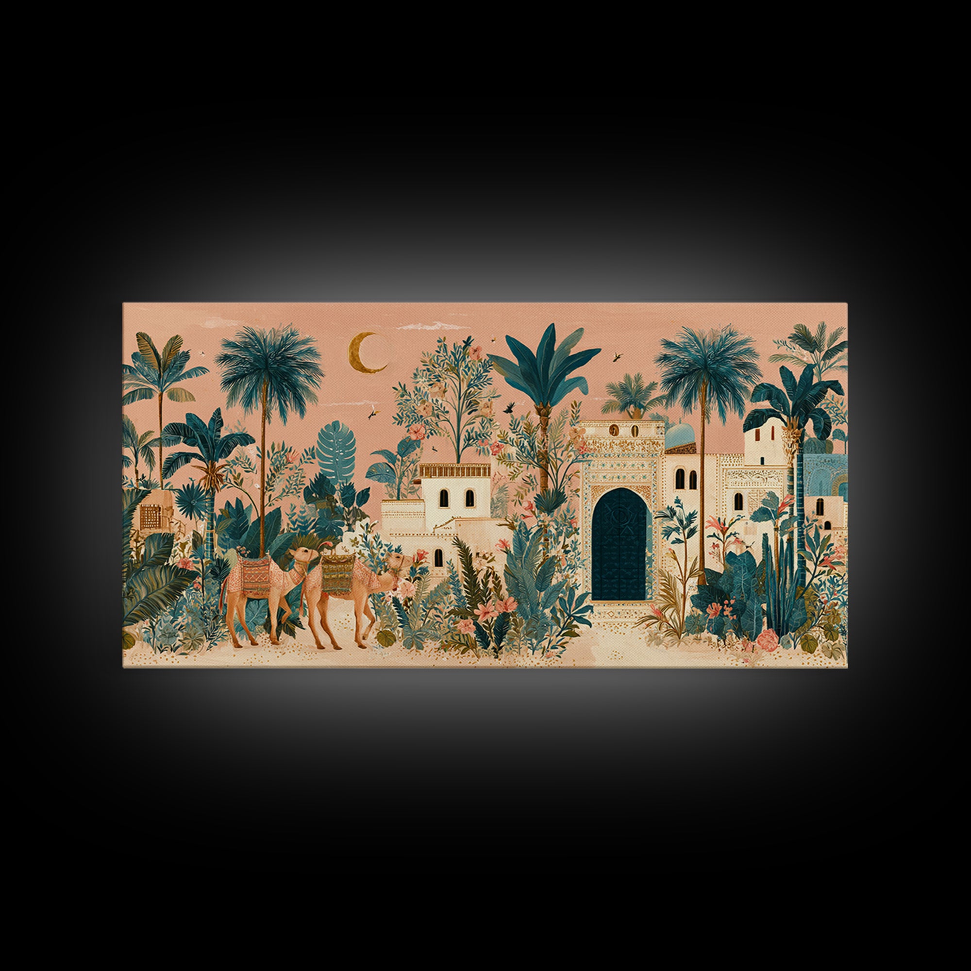 Desert Camel Caravan Framed Canvas Print, Moroccan Art, Statement Artwork, Living Room Decor, Oil Painting, Marrakesh, MOR-2x1-95
