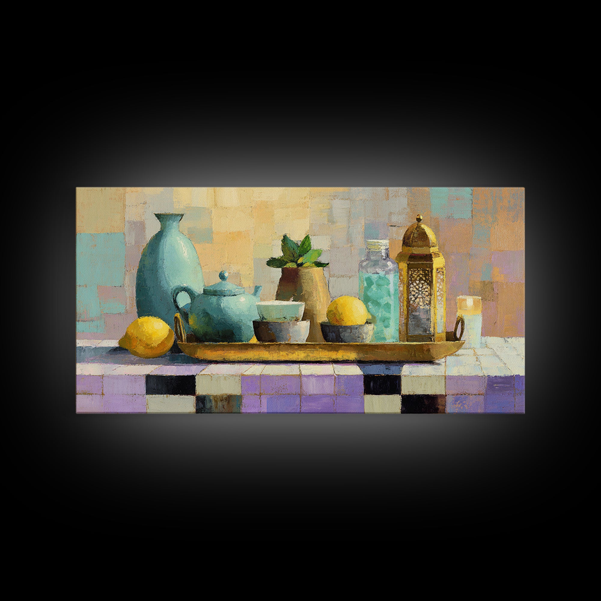 Moroccan Tea Set Framed Canvas Print, Moroccan Art, Gallery Wall Set, Living Room Decor, Oil Painting, Marrakesh, MOR-2x1-96