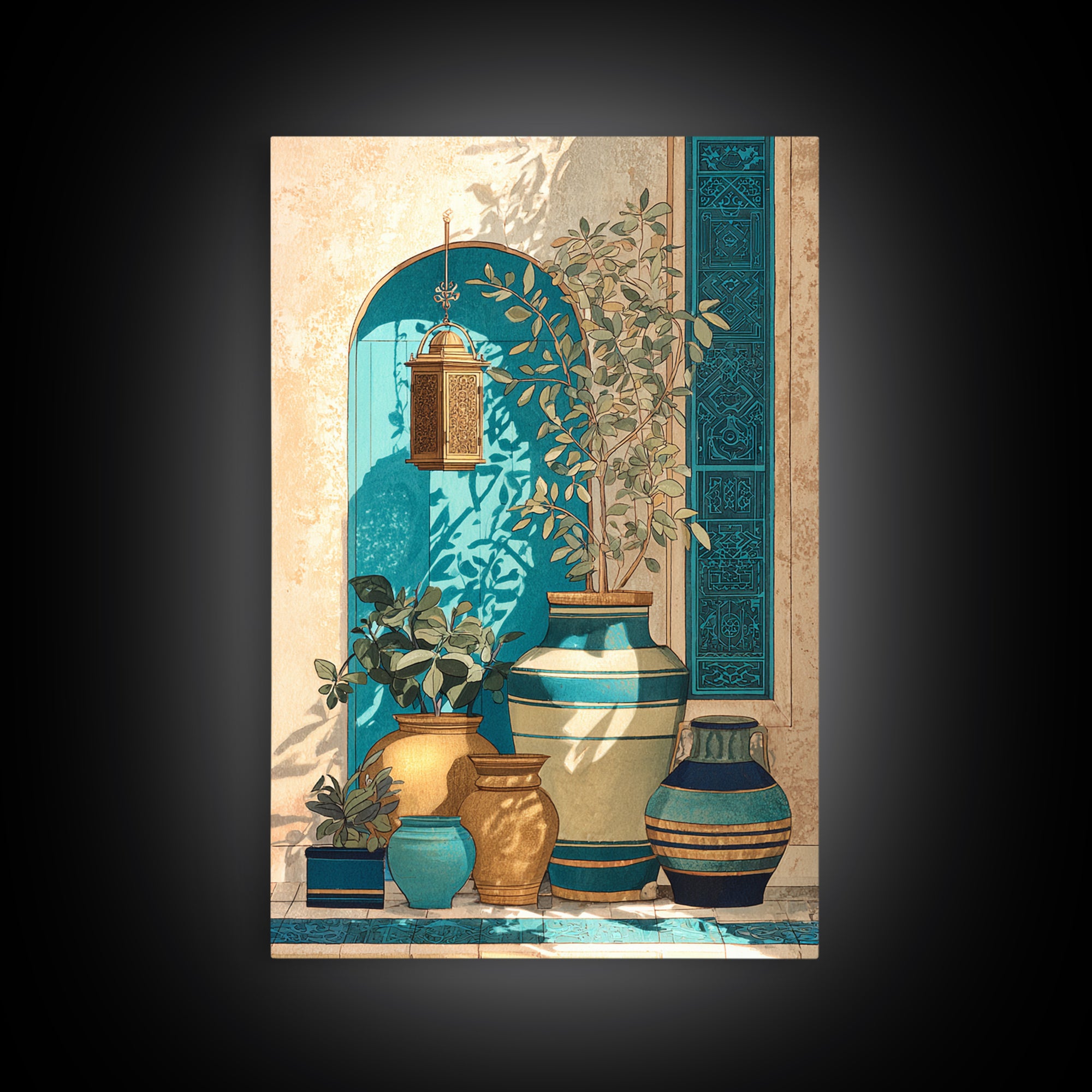 Brass Lantern Still Life Casting Lace Shadows Framed Canvas Print, Moroccan Art, African Art, Living Room Decor, Abstract Art, MOR-2x3-17
