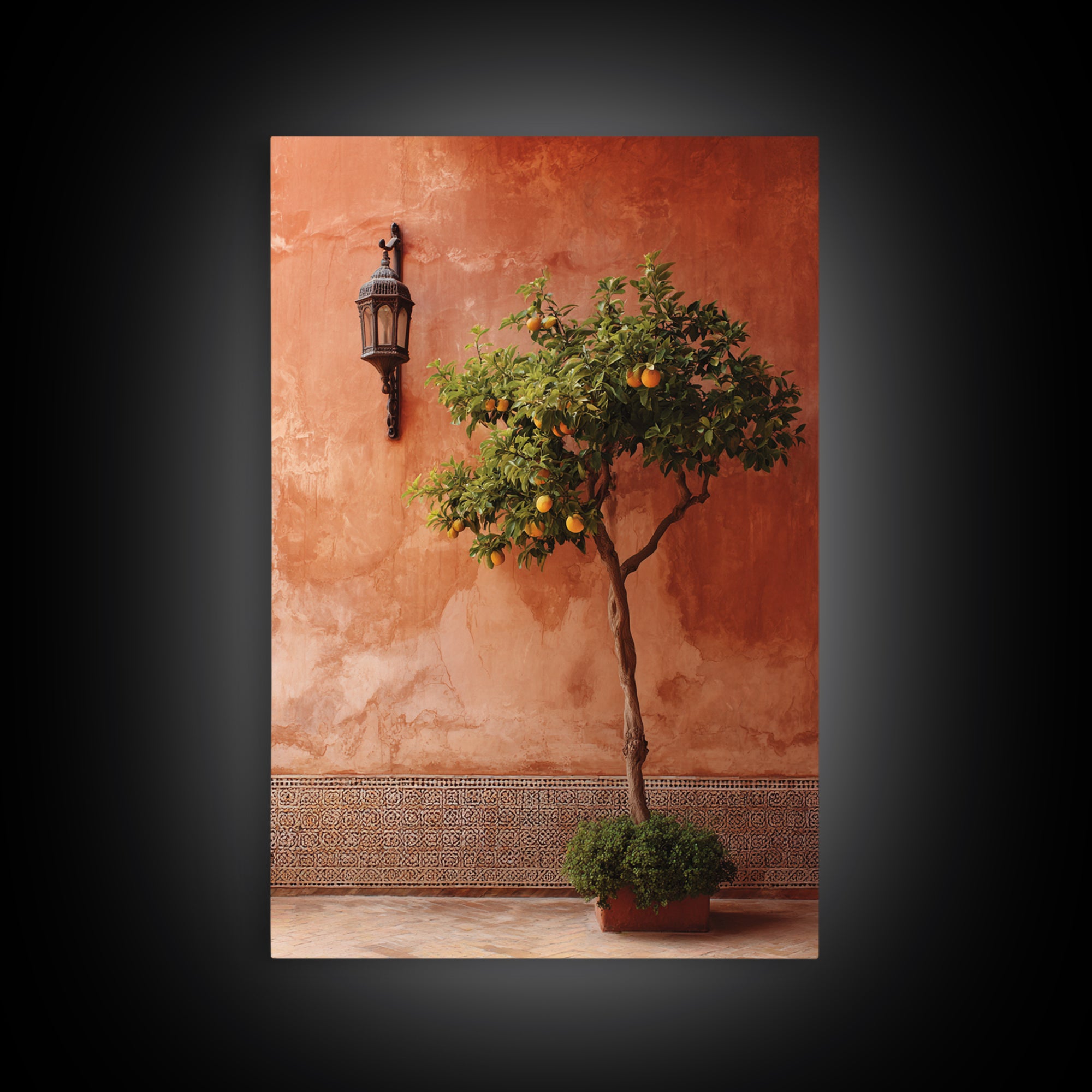 Orange Tree in Tiled Courtyard Framed Canvas Print, Moroccan Art, Modern Wall Art, Living Room Decor, Oil Painting, Marrakesh, MOR-2x3-21