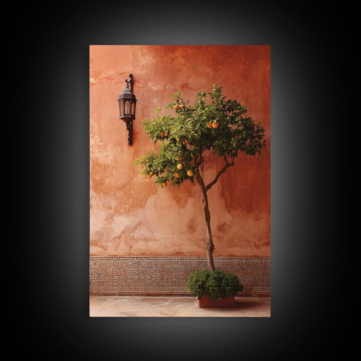 Orange Tree in Tiled Courtyard Framed Canvas Print, Moroccan Art, Modern Wall Art, Living Room Decor, Oil Painting, Marrakesh, MOR-2x3-21