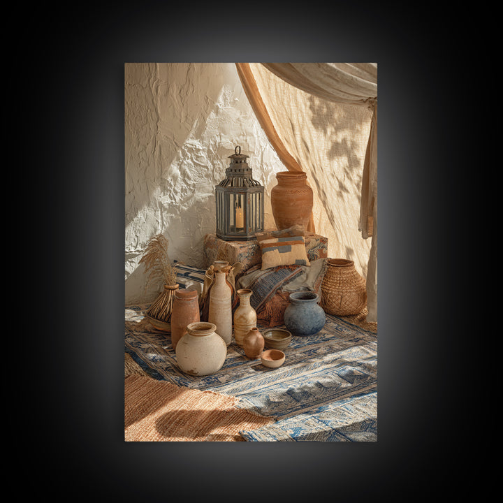 Desert Tent with Woven Rugs and Lanterns Framed Canvas Print, Moroccan Art, Printable Wall Art, Living Room Decor, Marrakesh, MOR-2x3-22