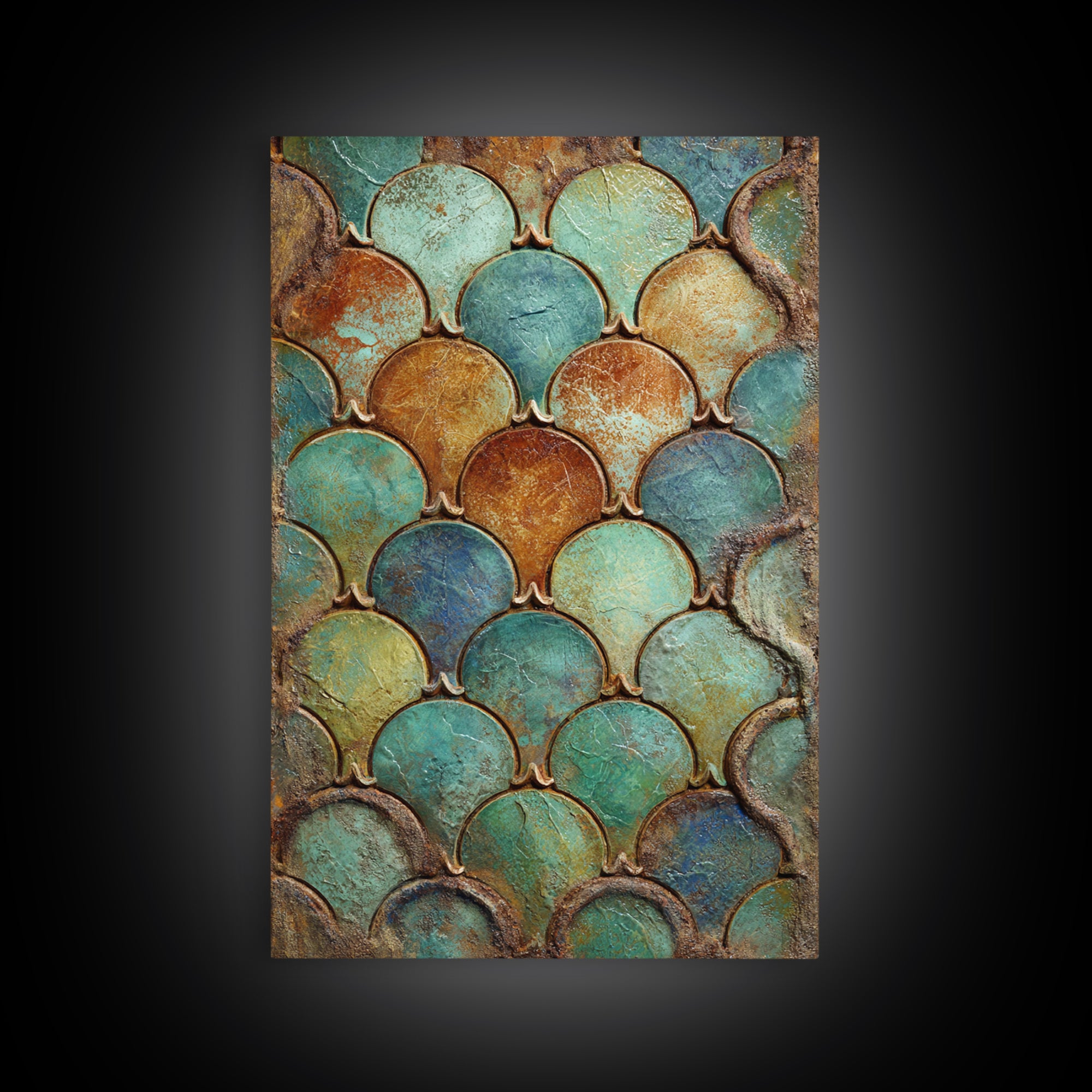 Turquoise Tile Fish Scale Pattern Framed Canvas Print, Moroccan Art, Gallery Wall Set, Living Room Decor, Oil Painting, MOR-2x3-53