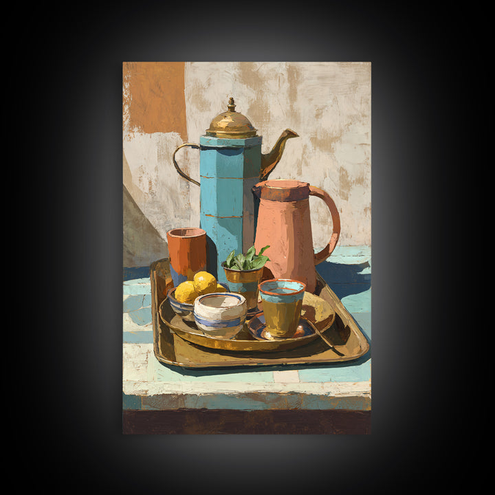 Moroccan Tea Set Framed Canvas Print, Moroccan Art, African Art, Living Room Decor, Fine Art, Marrakesh, Neutral Decor, MOR-2x3-60