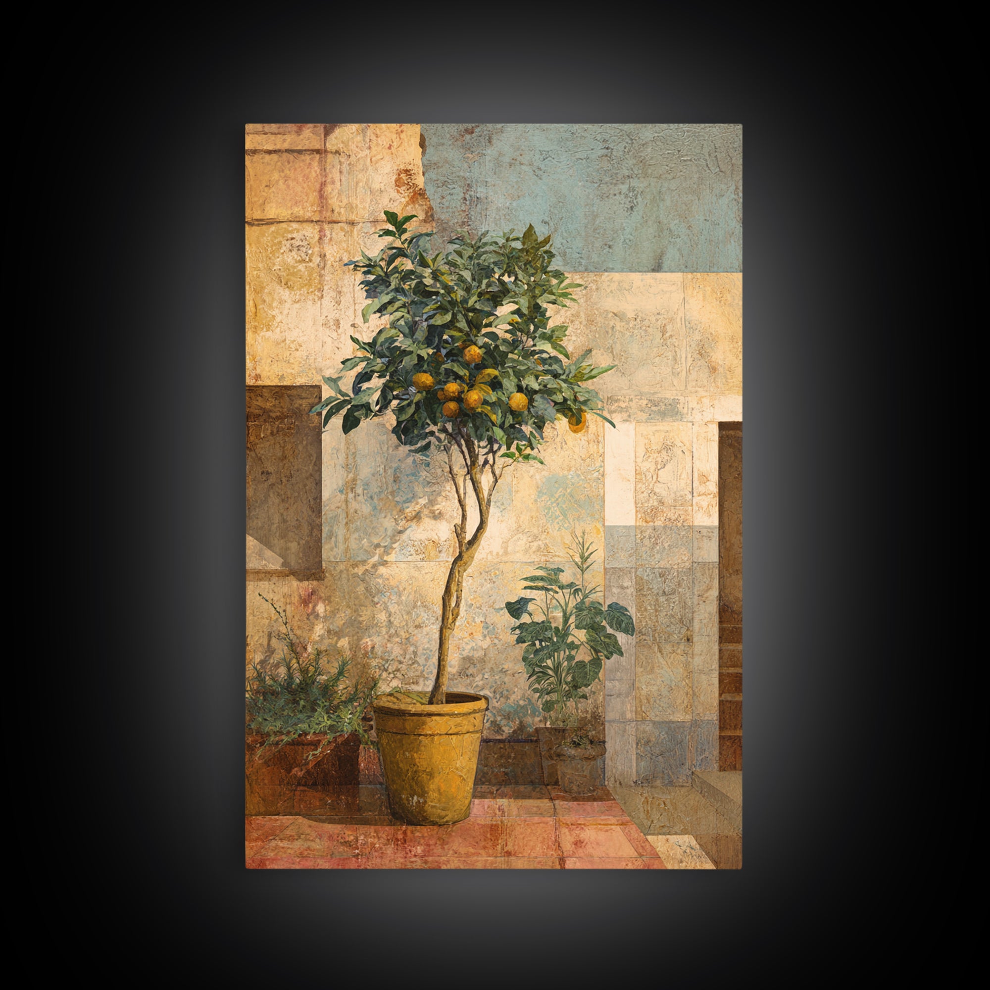 Orange Tree in Tiled Courtyard Framed Canvas Print, Moroccan Art, Neutral Wall Art, Living Room Decor, Fine Art, Marrakesh, MOR-2x3-69