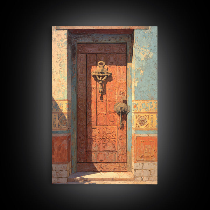 Patterned Door Hardware and Carved Wood Detail Framed Canvas Print, Moroccan Art, Modern Rug, Living Room Decor, Marrakesh, MOR-2x3-75