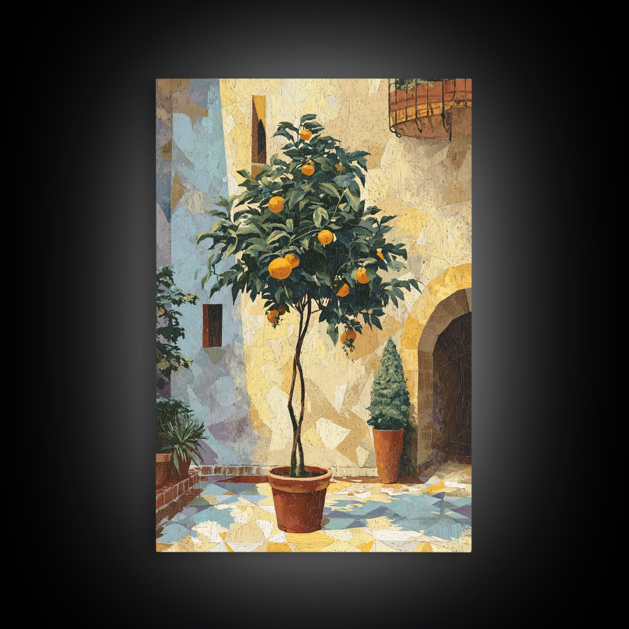 Orange Tree in Tiled Courtyard Framed Canvas Print, Moroccan Art, Neutral Wall Art, Living Room Decor, Fine Art, Marrakesh, MOR-2x3-93