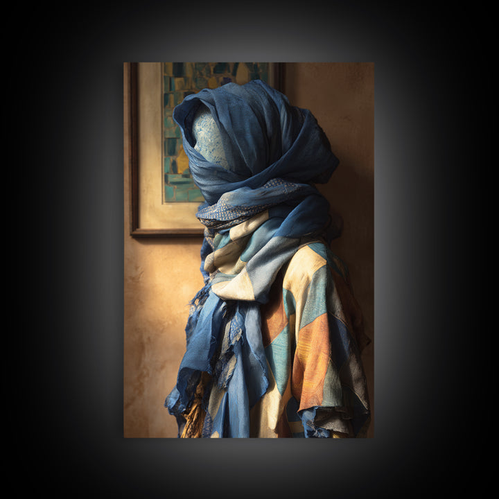 Tuareg Blue Scarf Portrait Framed Canvas Print, Moroccan Art, Modern Wall Art, Living Room Decor, Fine Art, Marrakesh, MOR-2x3-98