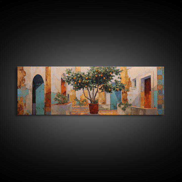 Orange Tree in Tiled Courtyard Framed Canvas Print, Moroccan Art, Fine Art Print, Living Room Decor, Fine Art, Marrakesh, MOR-3x1-53
