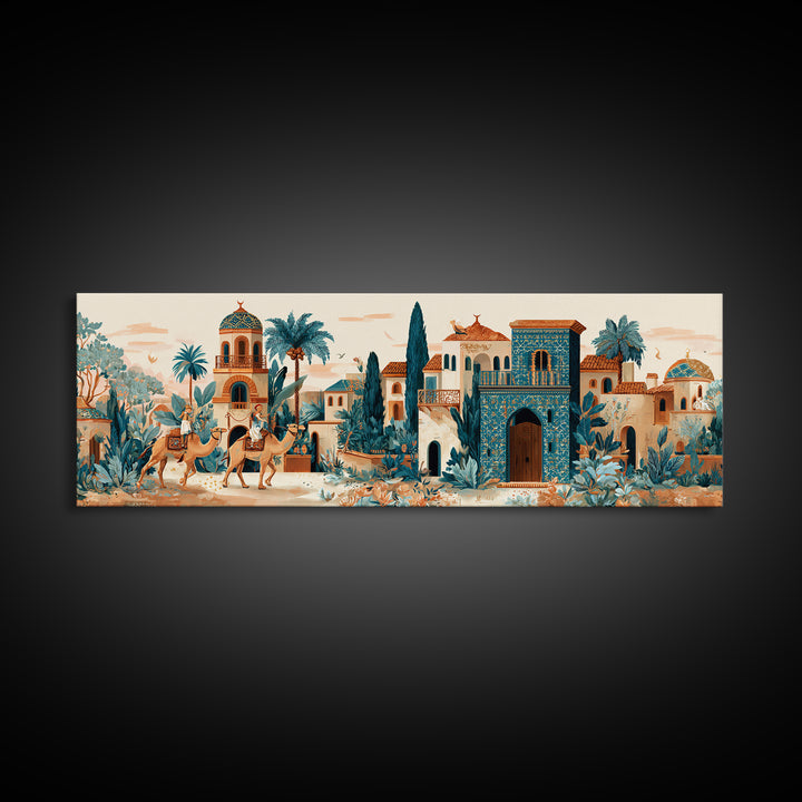 Desert Camel Caravan Framed Canvas Print, Moroccan Art, Boho Decor, Living Room Decor, Fine Art, Marrakesh, Ramadan Decor, MOR-3x1-67