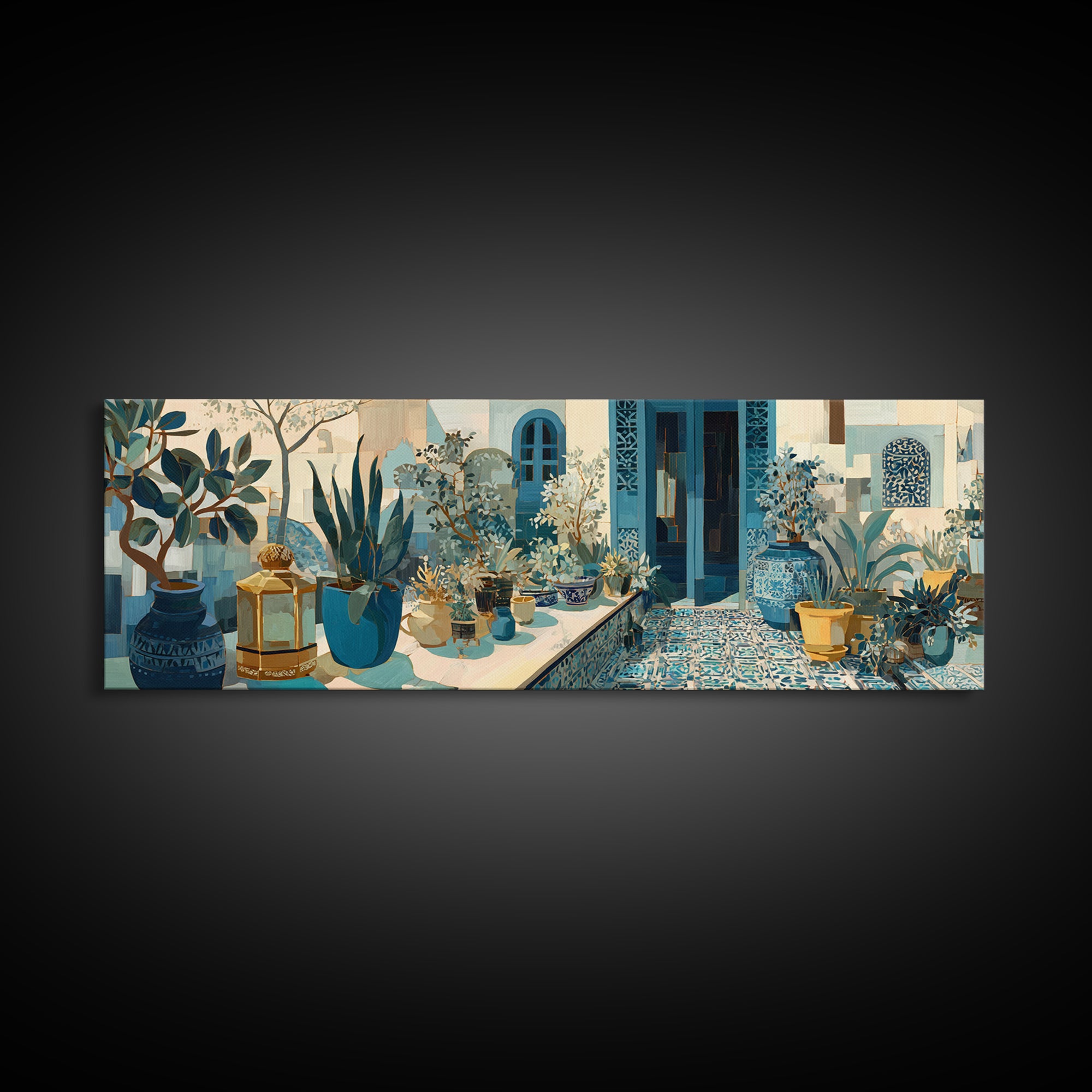 Brass Lantern Still Life Casting Lace Shadows Canvas Print, Moroccan Art, Textured Painting, Living Room Decor, Marrakesh, MOR-3x1-73