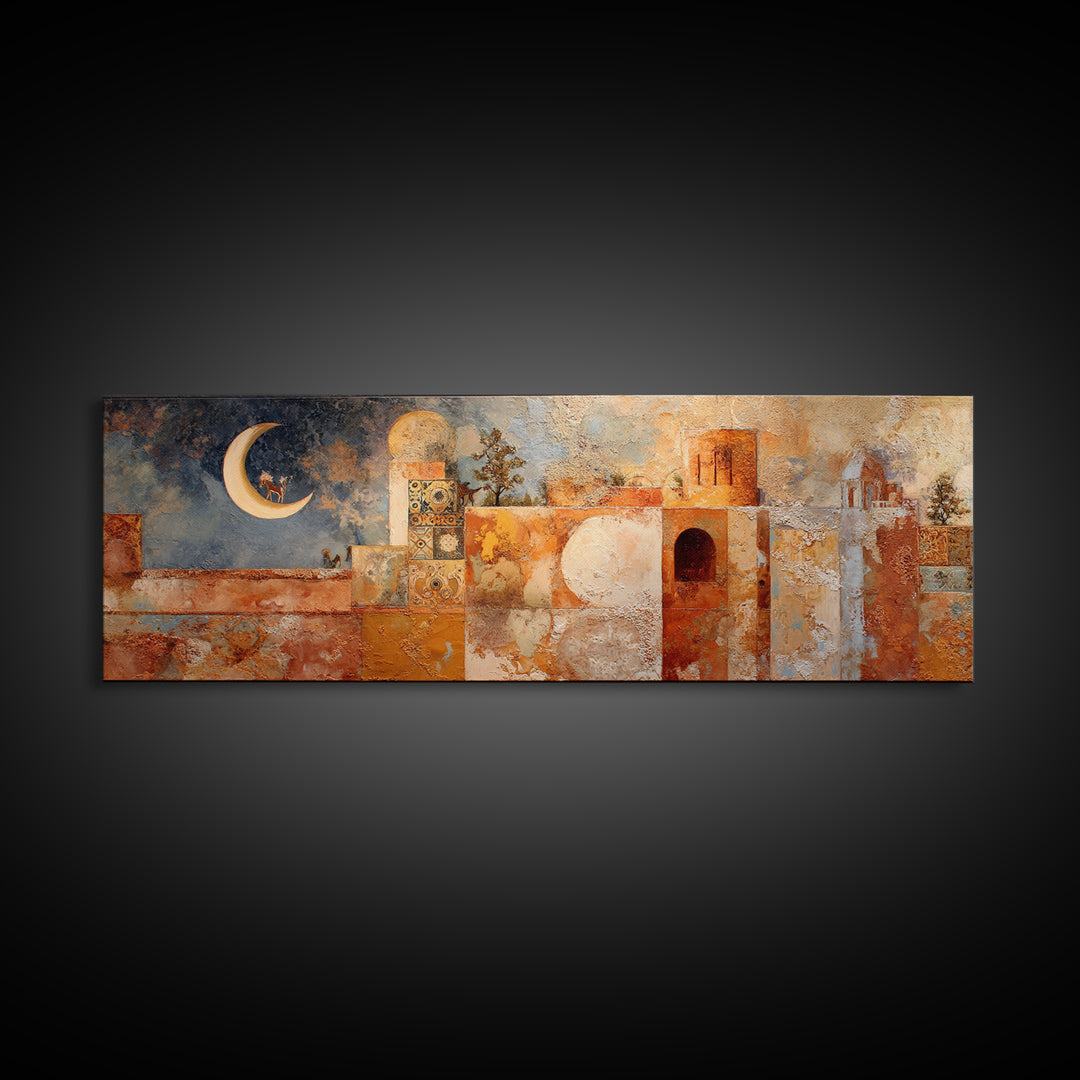 Camel Silhouette Beneath Crescent Moon Canvas Print, Moroccan Art, Set of 3 Prints, Living Room Decor, Fine Art, Marrakesh, MOR-3x1-75
