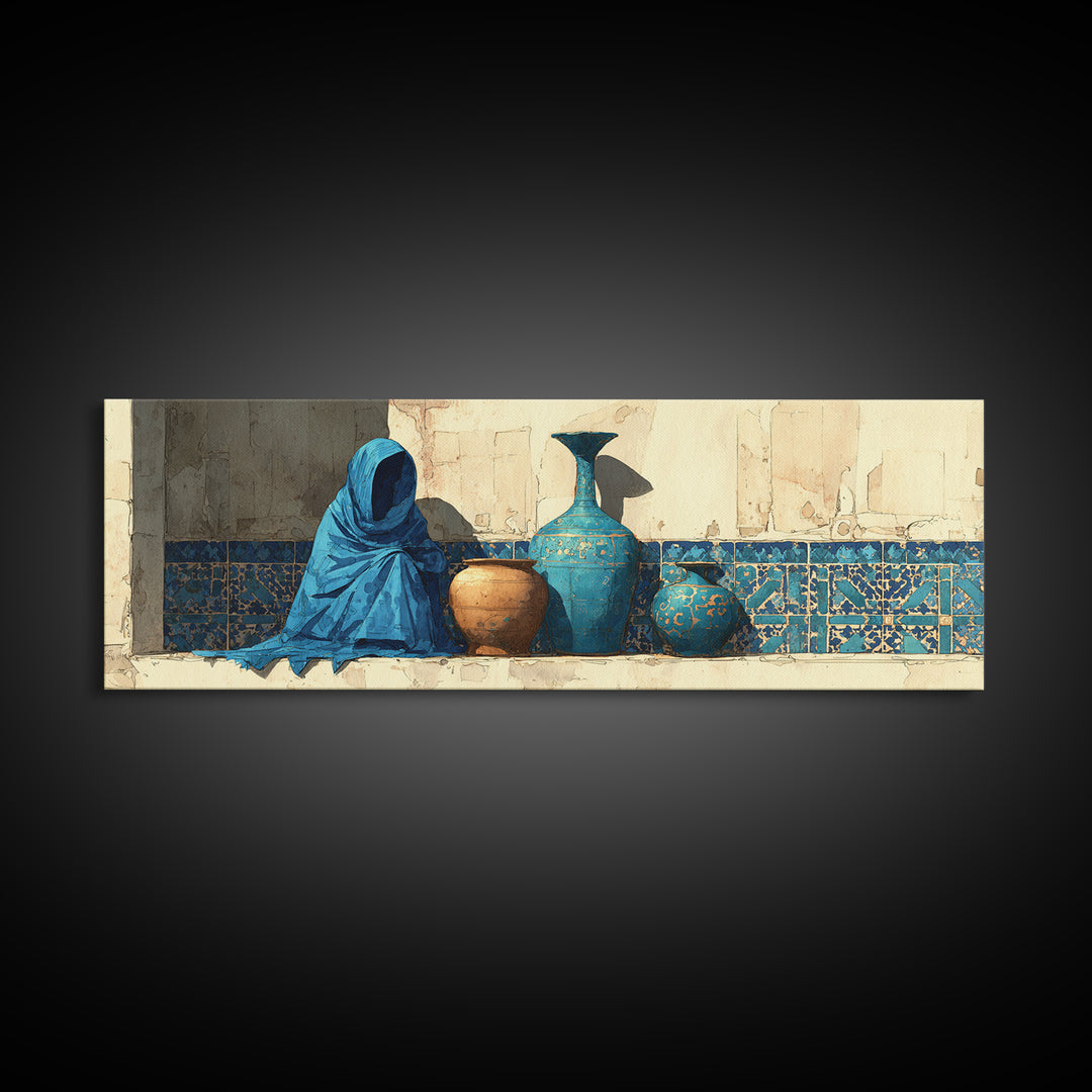 Tuareg Blue Scarf Portrait Framed Canvas Print, Moroccan Art, Gallery Wall Set, Living Room Decor, Fine Art, Marrakesh, MOR-3x1-82