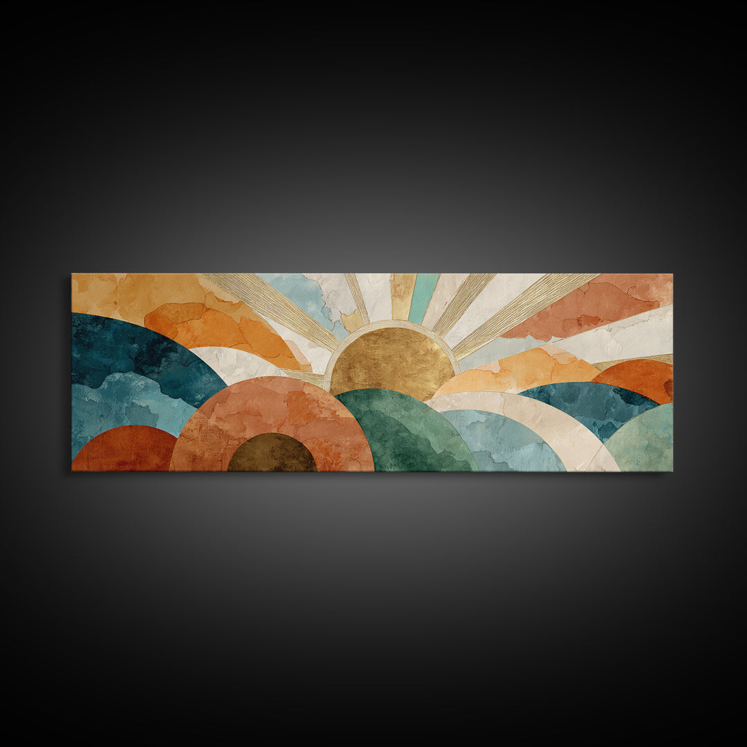 Gold Geometric Sunburst Canvas Print, Moroccan Art, Art, Living Room Decor, Fine Art, Marrakesh, Modern Wall Art, Boho Decor, MOR-3x1-88