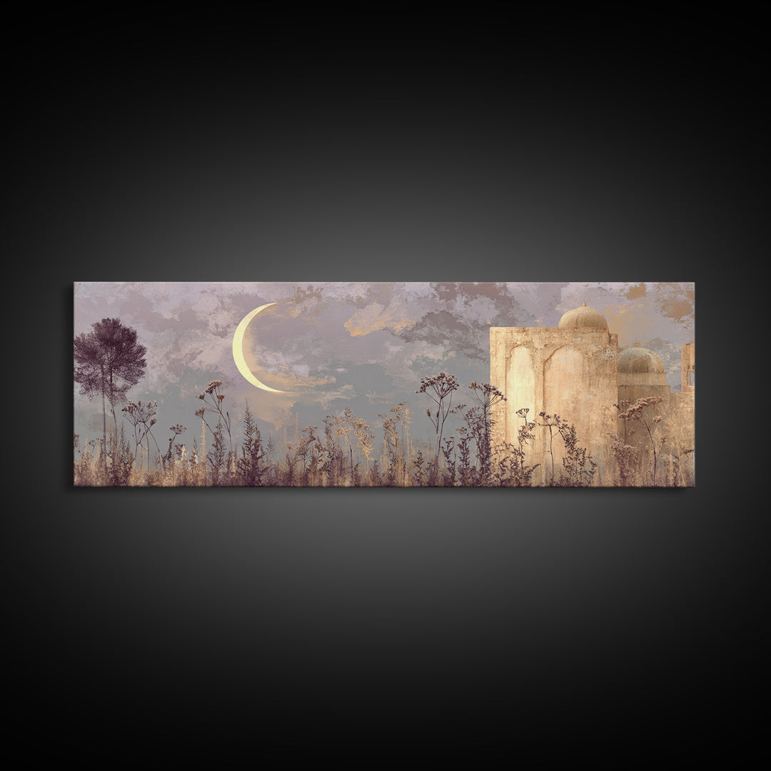 Camel Silhouette Beneath Crescent Moon Framed Canvas Print, Moroccan Art, Living Room Rug, Living Room Decor, Marrakesh, MOR-3x1-99