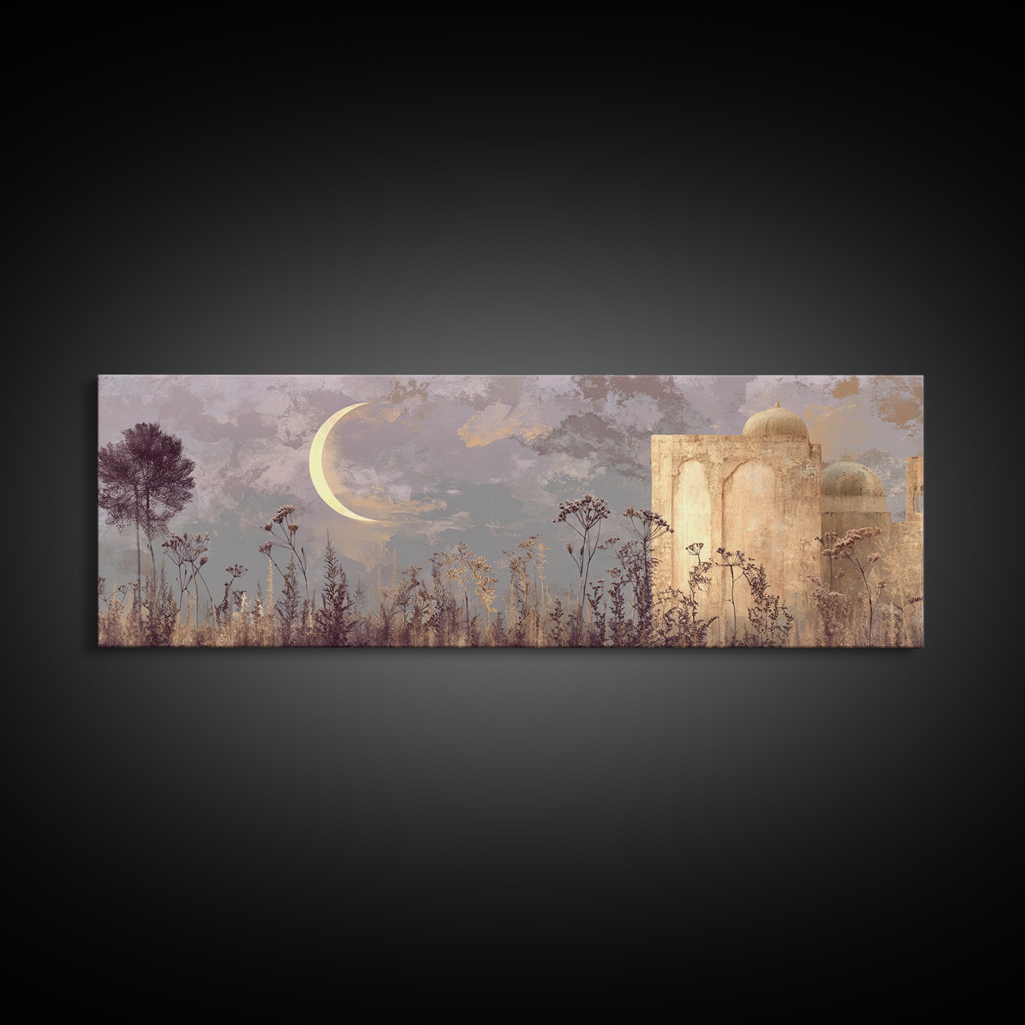 Camel Silhouette Beneath Crescent Moon Framed Canvas Print, Moroccan Art, Living Room Rug, Living Room Decor, Marrakesh, MOR-3x1-99