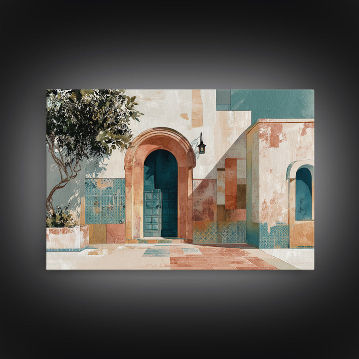 Arched Doorway with Lantern Glow and Patterned Canvas Print, Moroccan Art, Ramadan Decor, Living Room Decor, Marrakesh, MOR-3x2-30