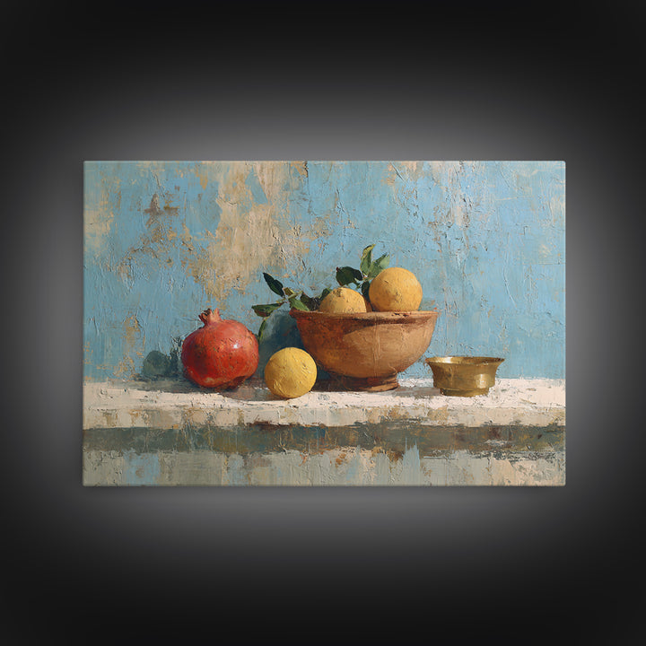 Pomegranate and Brass Bowl Still Life Framed Canvas Print, Moroccan Art, Moroccan Decor, Living Room Decor, Oil Painting, MOR-3x2-50