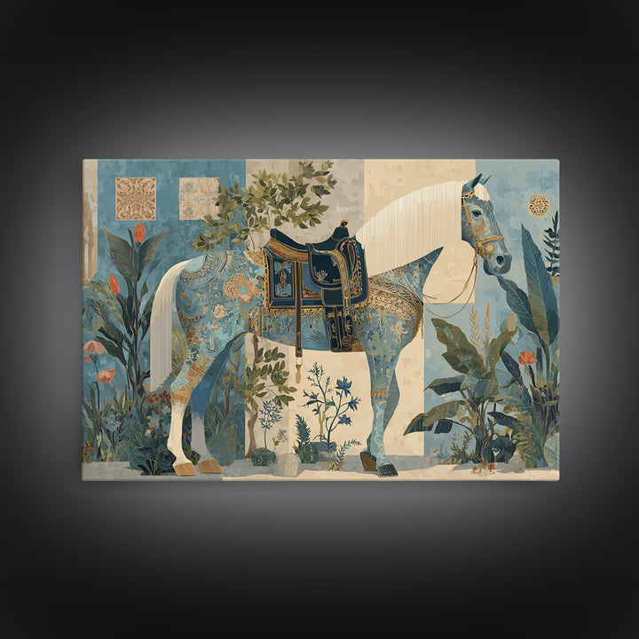 Ornate Horse with Decorative Saddle Canvas Print, Moroccan Art, Digital Art, Living Room Decor, Marrakesh, Living Room Rug, MOR-3x2-51