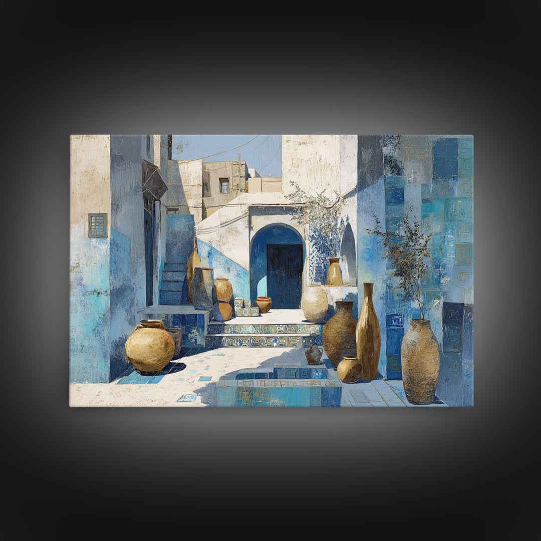 Blue City Alley Rendered as Painterly Shapes Canvas Print, Moroccan Art, Travel Wall Art, Living Room Decor, Abstract Art, MOR-3x2-58