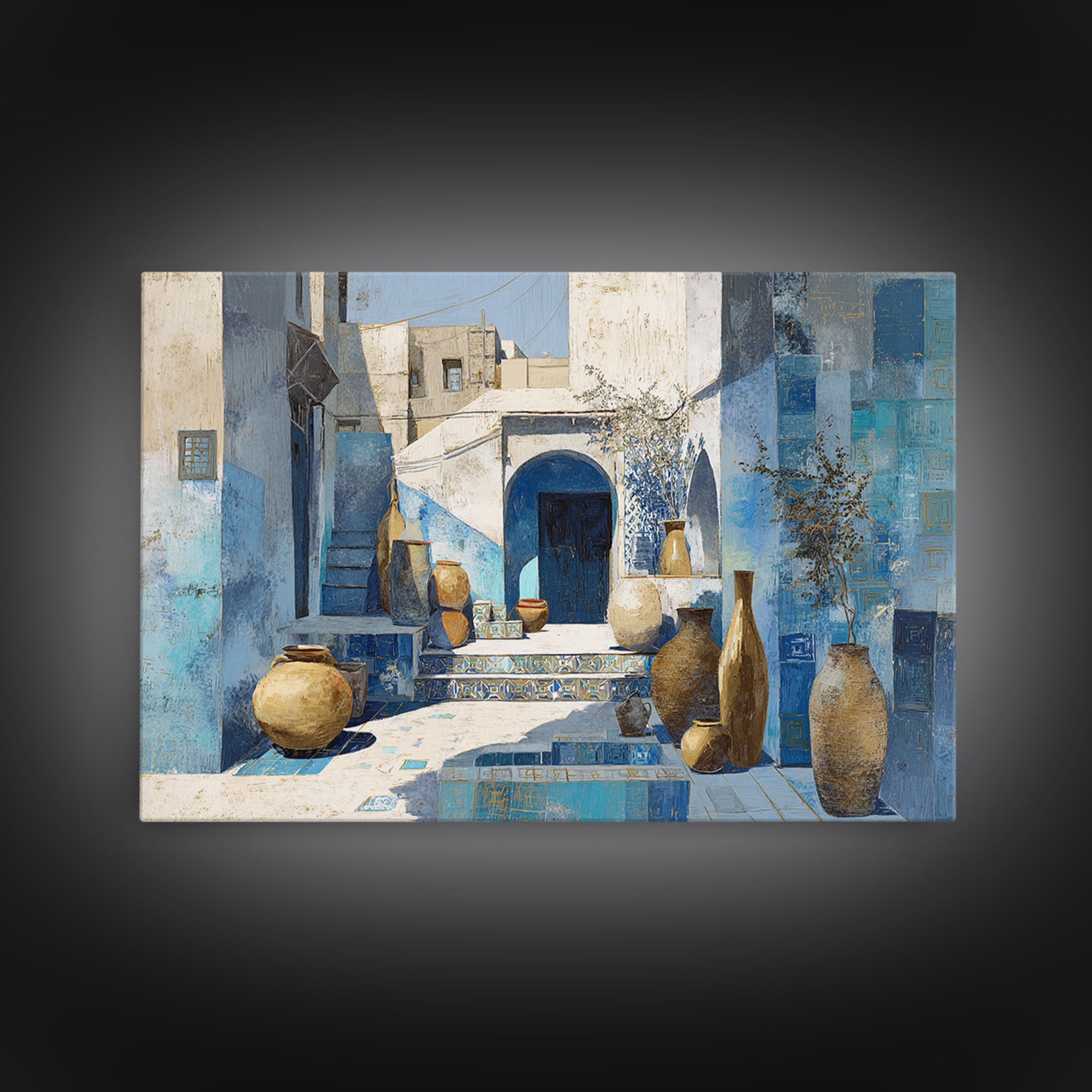 Blue City Alley Rendered as Painterly Shapes Canvas Print, Moroccan Art, Travel Wall Art, Living Room Decor, Abstract Art, MOR-3x2-58