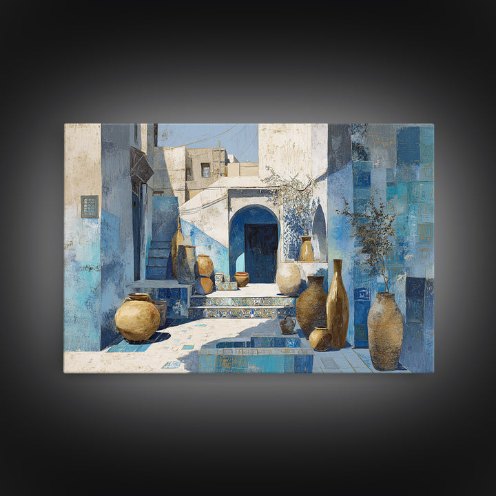 Blue City Alley Rendered as Painterly Shapes Canvas Print, Moroccan Art, Travel Wall Art, Living Room Decor, Abstract Art, MOR-3x2-58