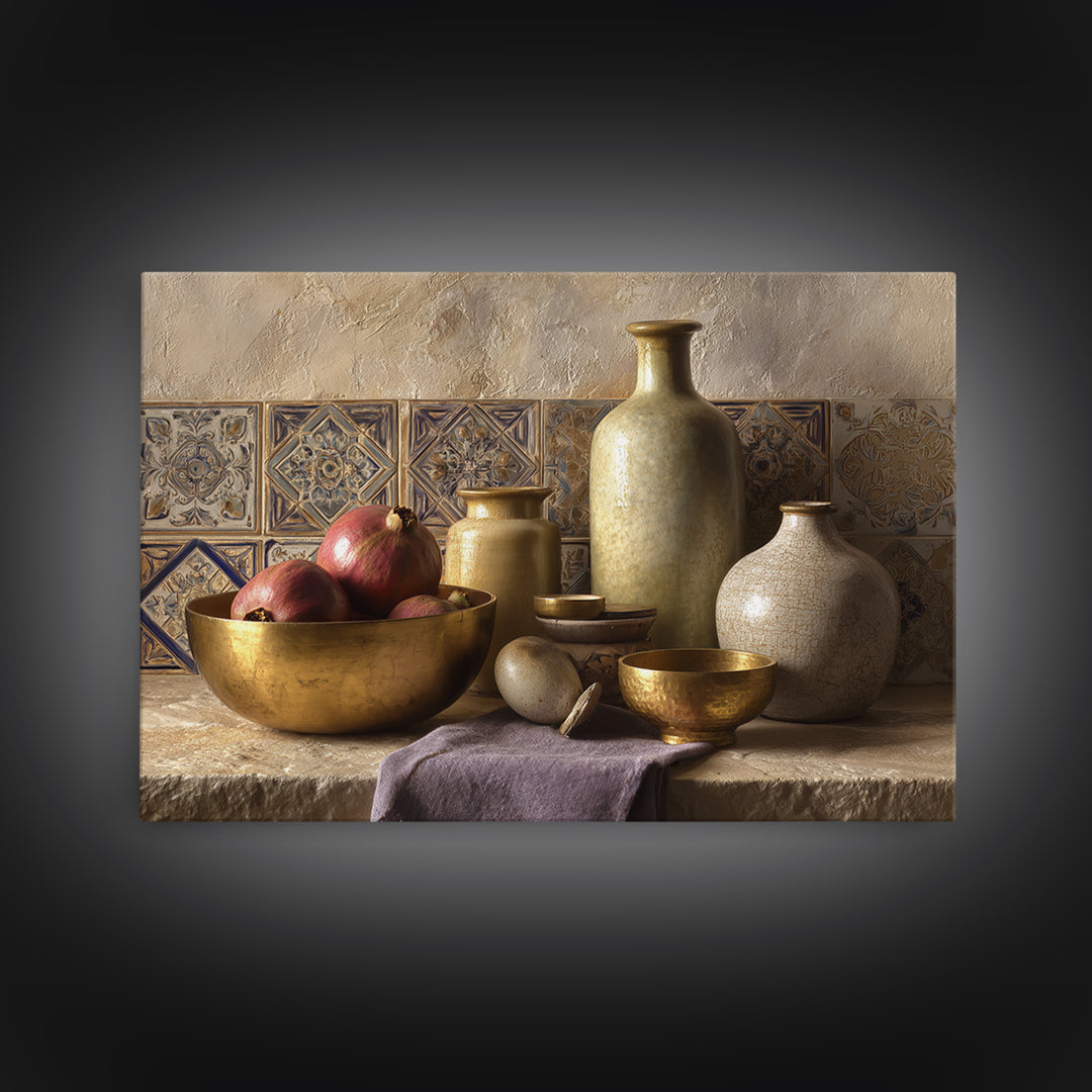 Pomegranate and Brass Bowl Still Life Framed Canvas Print, Moroccan Art, Moroccan Decor, Living Room Decor, Oil Painting, MOR-3x2-74
