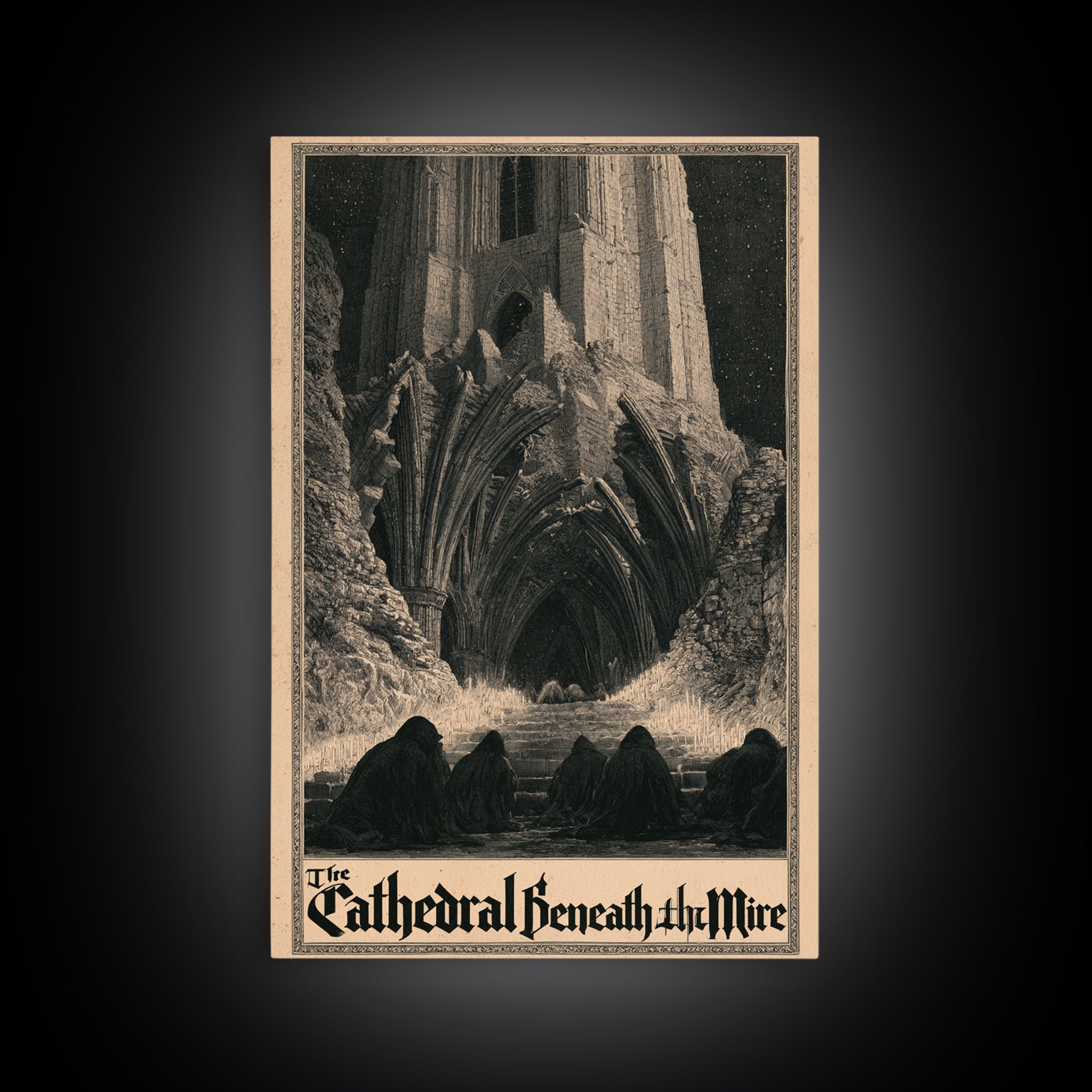 The Cathedral Beneath The Mire, English Language Horror Movie Poster, Gothic Engraving Art, Retro Horror Movie Art, Canvas Print