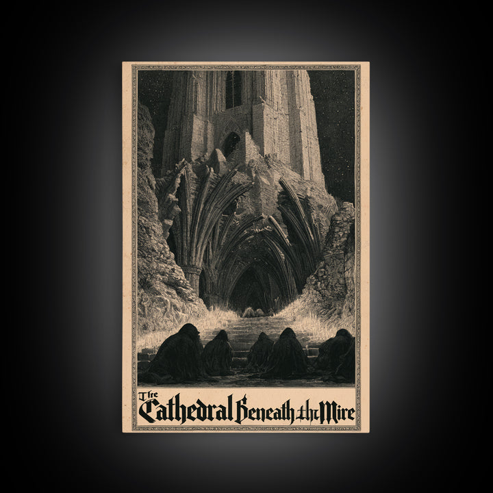 The Cathedral Beneath The Mire, English Language Horror Movie Poster, Gothic Engraving Art, Retro Horror Movie Art, Canvas Print