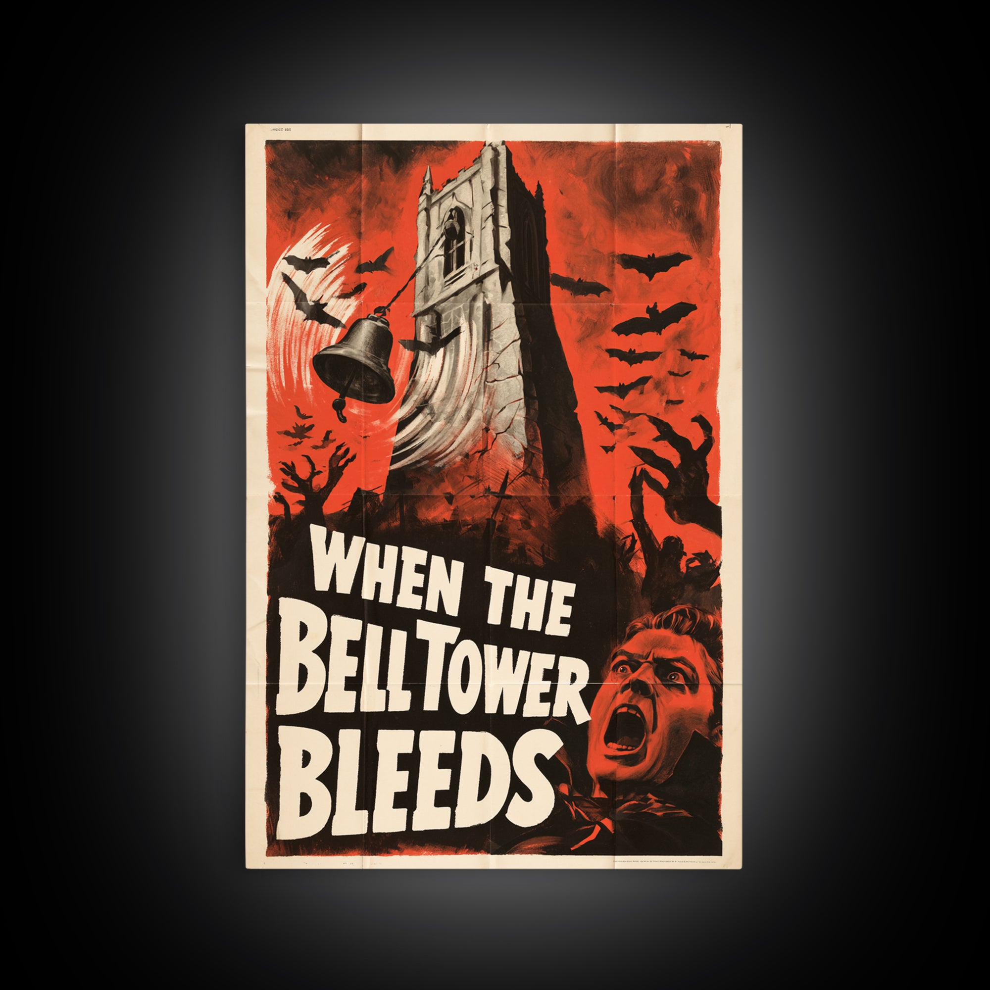 When The Bell Tower Bleeds, English Language Horror Movie Poster, 1950s Creature-Feature One-Sheet Inspired Art, Cult Horror Poster