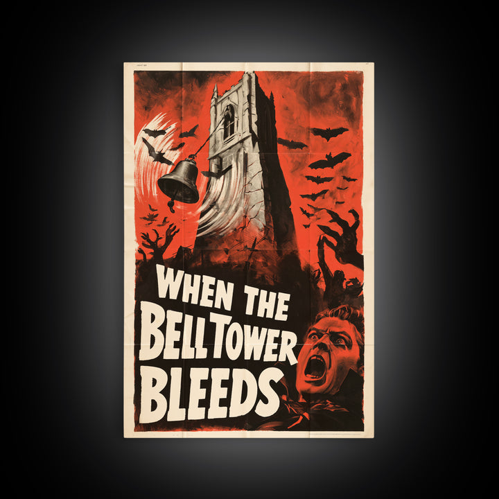 When The Bell Tower Bleeds, English Language Horror Movie Poster, 1950s Creature-Feature One-Sheet Inspired Art, Cult Horror Poster