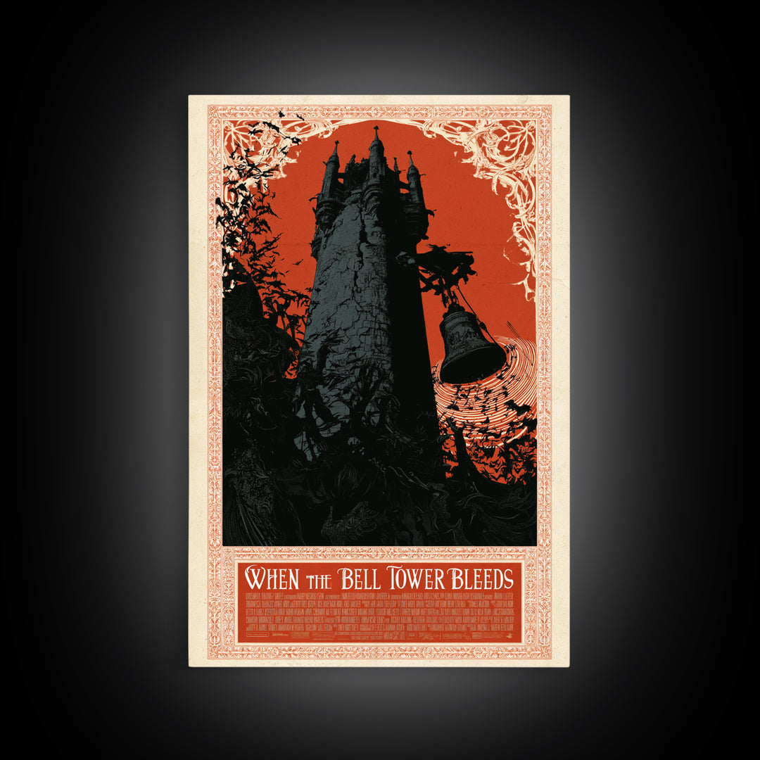 When The Bell Tower Bleeds, English Language Horror Movie Poster, Decadent Line Art, Retro Horror Movie Art, Canvas Print