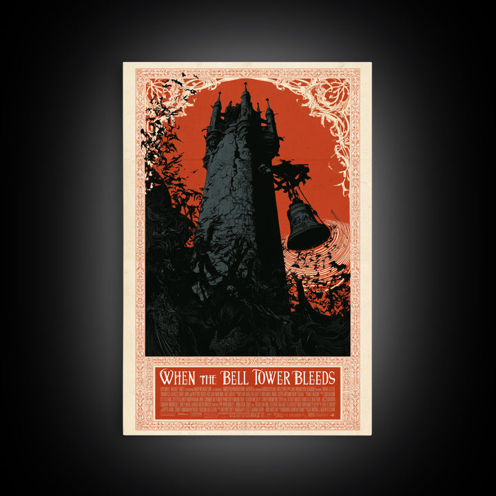 When The Bell Tower Bleeds, English Language Horror Movie Poster, Decadent Line Art, Retro Horror Movie Art, Canvas Print